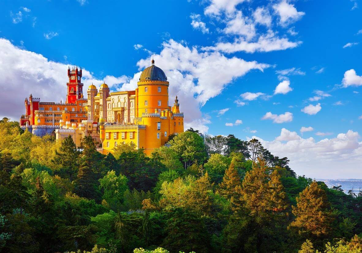 Palace of Pena in Sintra. Lisbon, Portugal. Travel Europe, holidays in Portugal. Panoramic View Of Pena Palace, Sintra, Portugal. Pena National Palace, Sintra, Portugal.